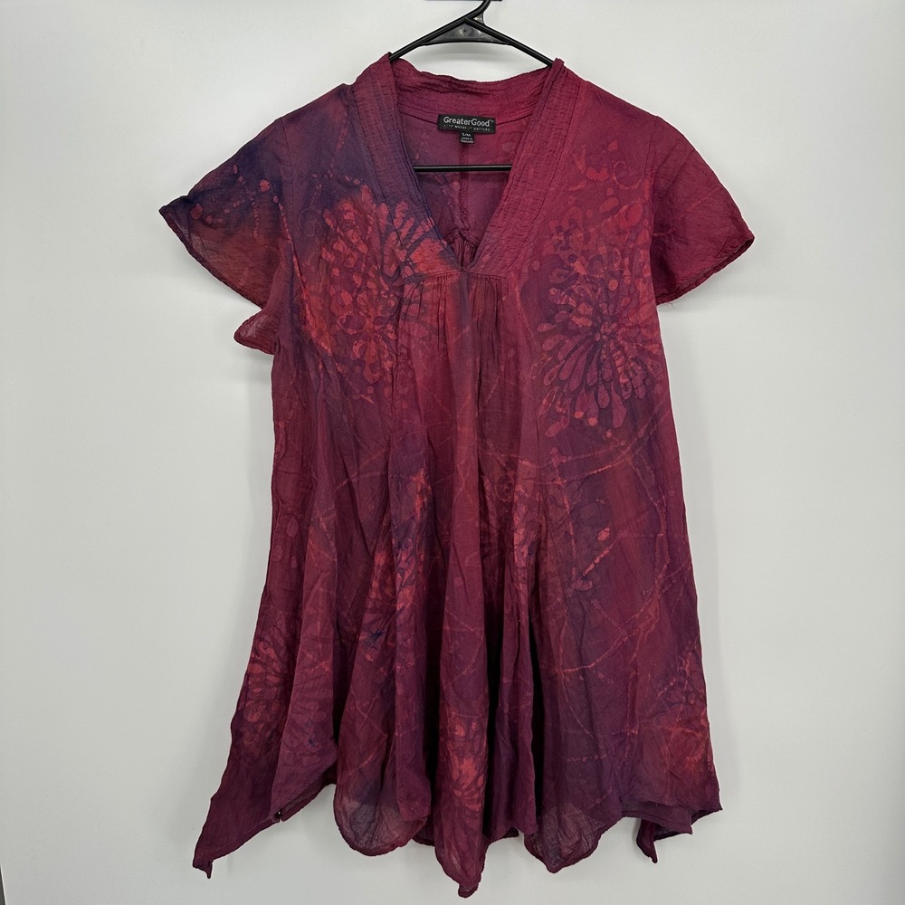 GreaterGood Women Burgundy Batik Floral Cotton Tunic Top Sharkbite Hem S/M